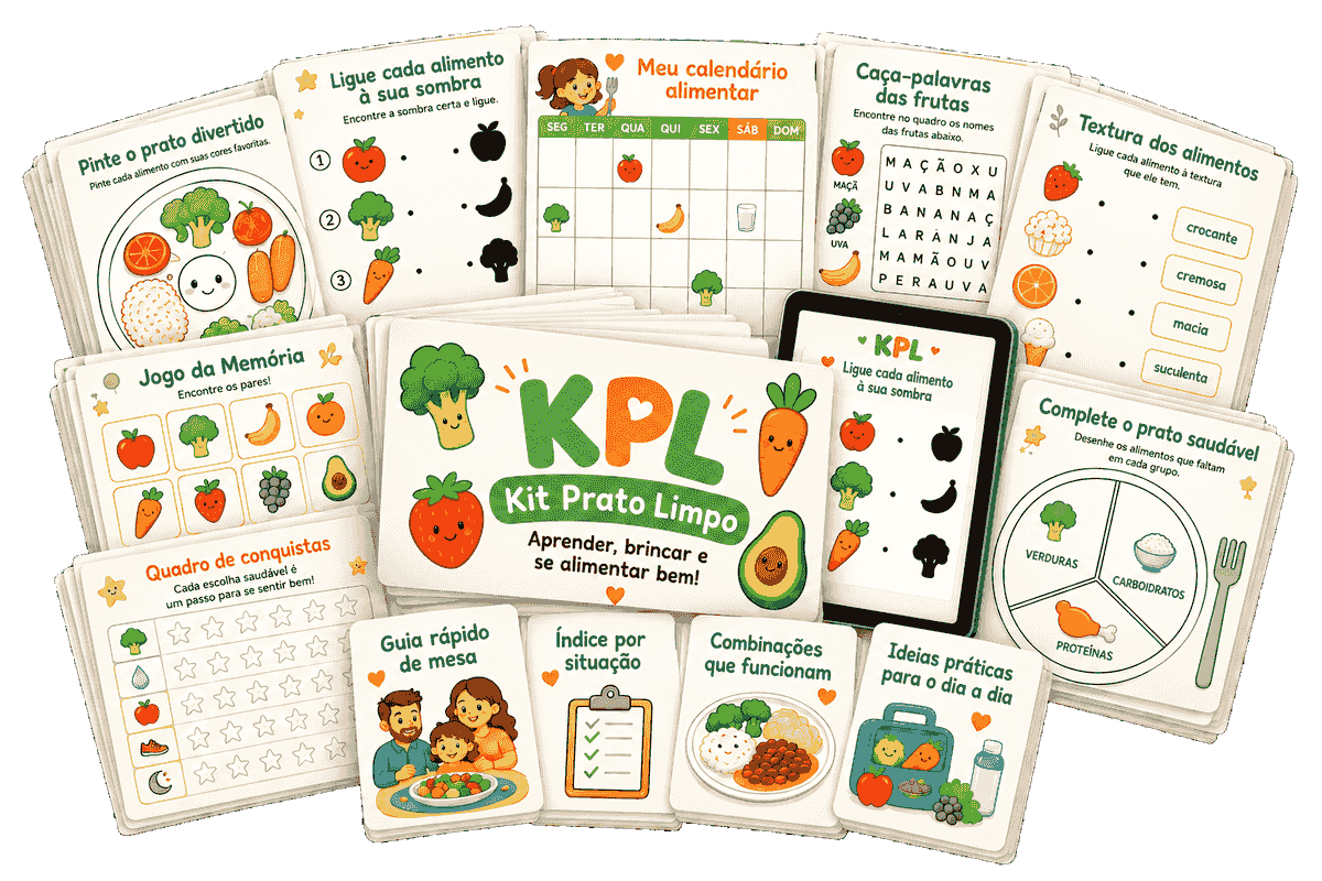 Mockup do Kit Prato Limpo: fichas de atividade, calendário, cartelas de alimentos e tablet com a versão digital