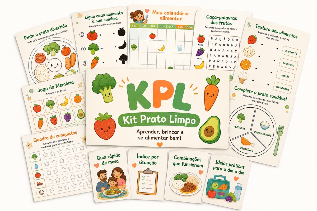Mockup do Kit Prato Limpo: fichas de atividade, calendário, cartelas de alimentos e tablet com a versão digital