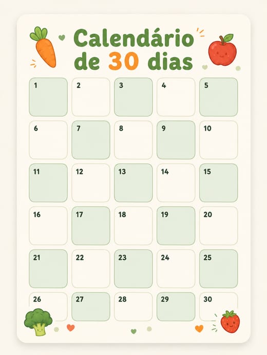 Calendário de 30 dias do Kit Prato Limpo